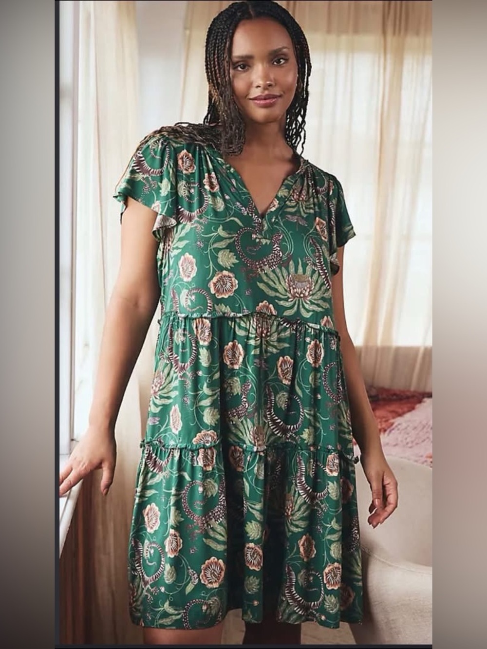 Floral Green V-Neck Tiered Mini Dress